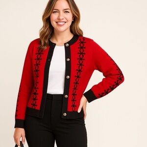 Vintage 90s cotton made in USA red/black chunky knit cardigan sweater sz small